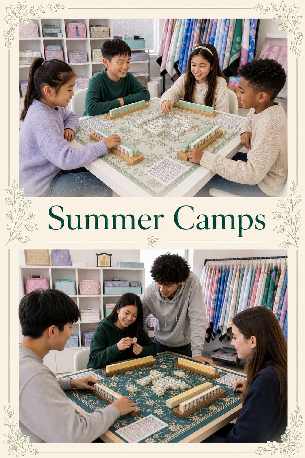 Kids and teens playing Mahjong at summer camp